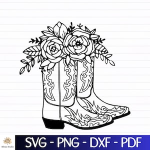 May include: A pair of black cowboy boots with a floral arrangement on top. The boots have a pointed toe and a high heel.