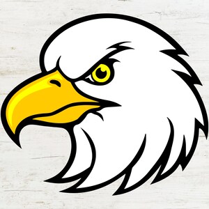 May include: A black and white cartoon illustration of an eagle's head with a yellow beak and eye. The eagle is looking to the left.