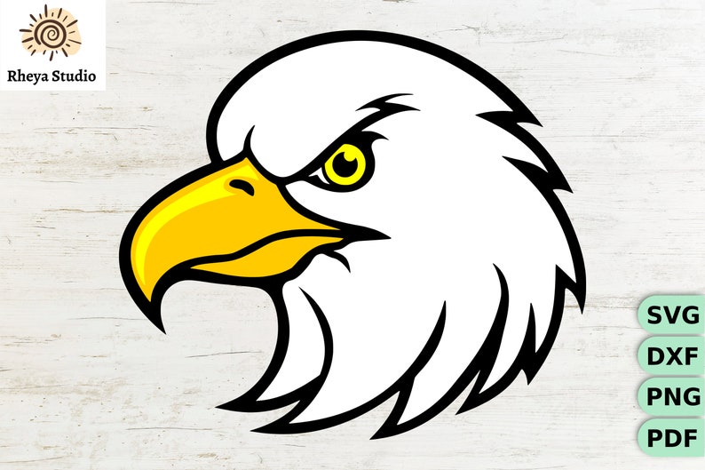 May include: A black and white cartoon illustration of an eagle's head with a yellow beak and eye. The eagle is looking to the left.