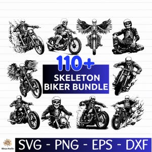 110 Skeleton Biker SVG Bundle | Skull Motorcycle Rider Clipart | Motorbike Skeleton eps png dxf svg Files for Cricut & Laser Cutting