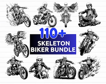 May include: A digital art bundle featuring multiple black and white illustrations of skeleton bikers on motorcycles. The text "110+ SKELETON BIKER BUNDLE" is displayed in a blue rectangle. Includes SVG, PNG, EPS, and DXF files.