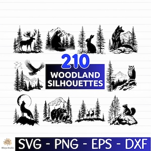 Peut inclure: Une collection de 210 silhouettes de la forêt en noir et blanc, représentant divers animaux tels qu'un orignal, un raton laveur, un lapin, un renard, un aigle, un hibou, un loup, un ours, un cerf et un écureuil. Le texte indique les formats SVG, PNG, EPS et DXF.