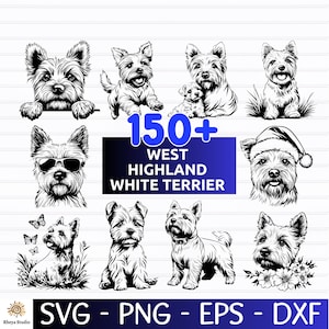 May include: A selection of black and white illustrations of West Highland White Terriers. The images show the dogs in different poses, some with accessories, and the text "150+ West Highland White Terrier" in a blue rectangle. The bottom of the image displays "SVG - PNG - EPS - DXF".