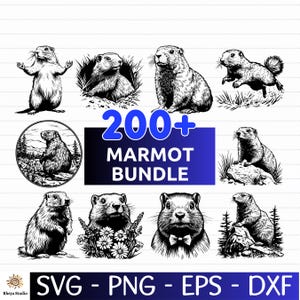 May include: A digital art bundle featuring multiple black and white marmot drawings. The image displays the text "200+ MARMOT BUNDLE" in blue. File types include SVG, PNG, EPS, and DXF.