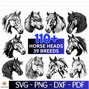 May include: A digital download of 110+ black and white horse head illustrations, featuring 39 different breeds. The image shows a variety of horse head profiles, including Arabian, Clydesdale, and Thoroughbred.