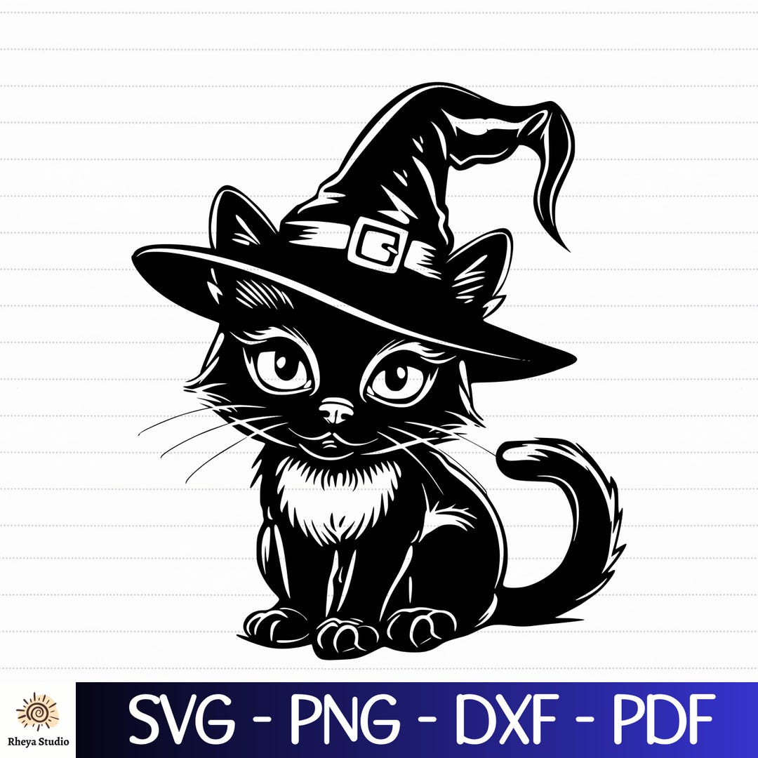 Cute Halloween Cat SVG, Cat Wearing a Witch Hat SVG - Instant Digital ...