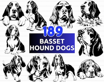 May include: A collection of 189 Basset Hound dog illustrations in black and white. The image includes various poses of the dogs, with some wearing sunglasses or a bow tie. The image also includes the file types: SVG, PNG, EPS, and DXF.