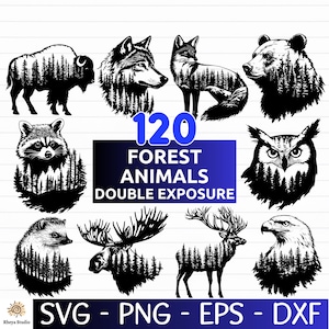 Puede incluir: Un conjunto de 120 ilustraciones de siluetas de animales del bosque en blanco y negro con un efecto de doble exposición de árboles. El texto "120 Forest Animals Double Exposure" está en el centro de la imagen. El texto "SVG - PNG - EPS - DXF" está en la parte inferior de la imagen.