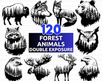May include: A set of 120 black and white forest animal silhouette illustrations with a double exposure effect of trees. The text "120 Forest Animals Double Exposure" is in the center of the image. The text "SVG - PNG - EPS - DXF" is at the bottom of the image.