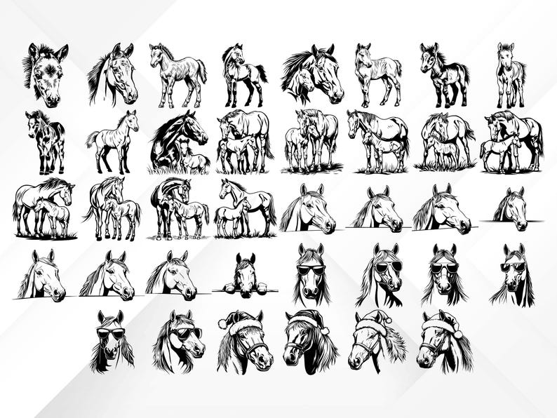 May include: A collection of 36 black and white horse illustrations. The horses are in various poses, including standing, running, and jumping. Some of the horses are wearing hats, sunglasses, and other accessories.