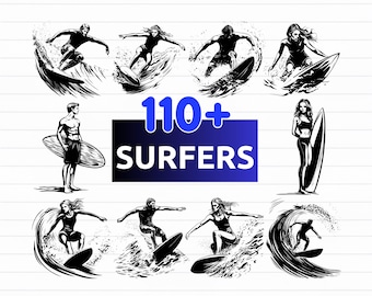 May include: Black and white illustrations of surfers riding waves and standing with surfboards. The image includes the text "110+ SURFERS" in a blue gradient box, along with file type options: SVG, PNG, EPS, and DXF.