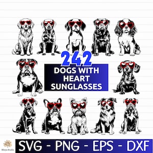 以下が含まれることがあります： 赤いハート型のサングラスをかけた12匹の犬のイラストが描かれたデジタルグラフィック。テキストには「242匹の犬とハートサングラス」と書かれており、ファイルタイプのオプション（SVG、PNG、EPS、DXF）が含まれています。