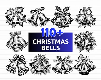 May include: A collection of black and white Christmas bell designs. The image features various bell illustrations with holly, bows, and the text "110+ CHRISTMAS BELLS". The bottom of the image displays "SVG - PNG - EPS - DXF".