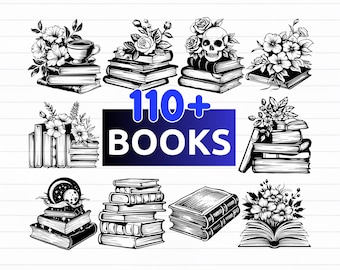 May include: Black and white illustrations of books with floral and skull accents. The image includes the text "110+ BOOKS" in blue and white, along with file type indicators: SVG, PNG, EPS, and DXF.
