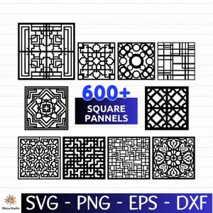 Op de afbeelding: Een collectie zwarte vierkante panelen met diverse geometrische en florale patronen. De tekst 600+ SQUARE PANNELS staat in het midden, met SVG - PNG - EPS - DXF onderaan. Deze ontwerpen worden gepresenteerd als digitale bestanden.