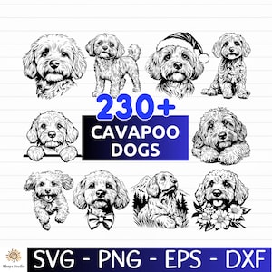 May include: A collection of black and white Cavapoo dog illustrations in various poses. The image includes the text "230+ Cavapoo Dogs" in a blue rectangle. Below, the image displays "SVG - PNG - EPS - DXF".