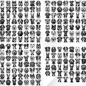 May include: A black and white illustration of 100 different dog breeds. Each dog is depicted in a simple, stylized manner, with a focus on their unique facial features.