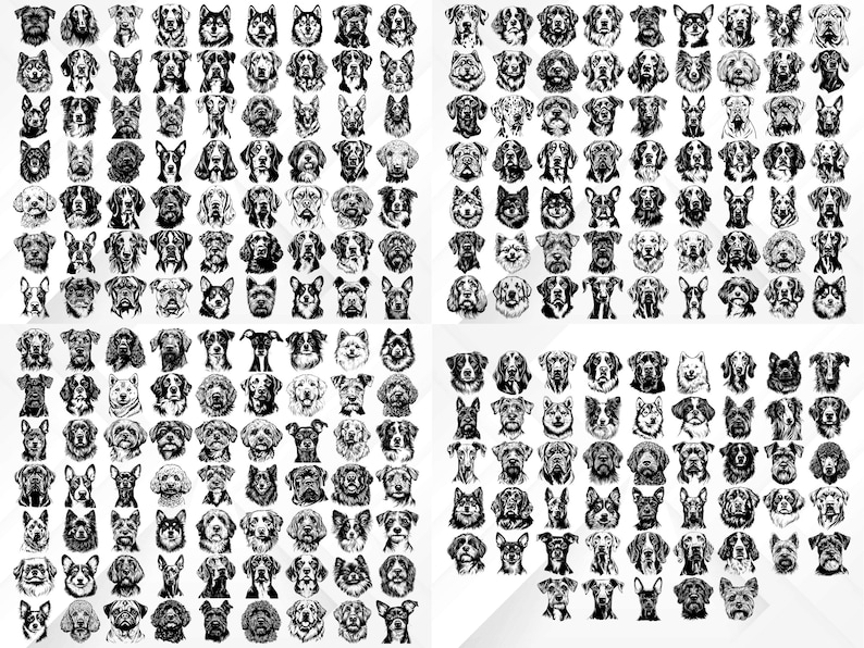May include: A black and white illustration of 100 different dog breeds. Each dog is depicted in a simple, stylized manner, with a focus on their unique facial features.