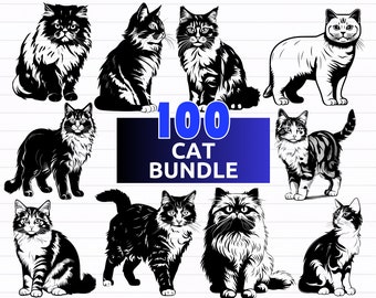 Paquete de 100 SVG de gato, silueta de gato, paquete de PNG de gato, clipart de gato: descarga digital de archivos svg, dxf, png, pdf y svg para cricut