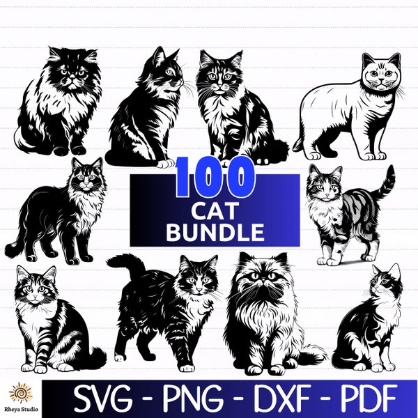 100 chat SVG Bundle, Silhouette de chat, chat PNG Bundle, clipart chat - téléchargement numérique svg, dxf, png, pdf, fichiers svg pour cricut