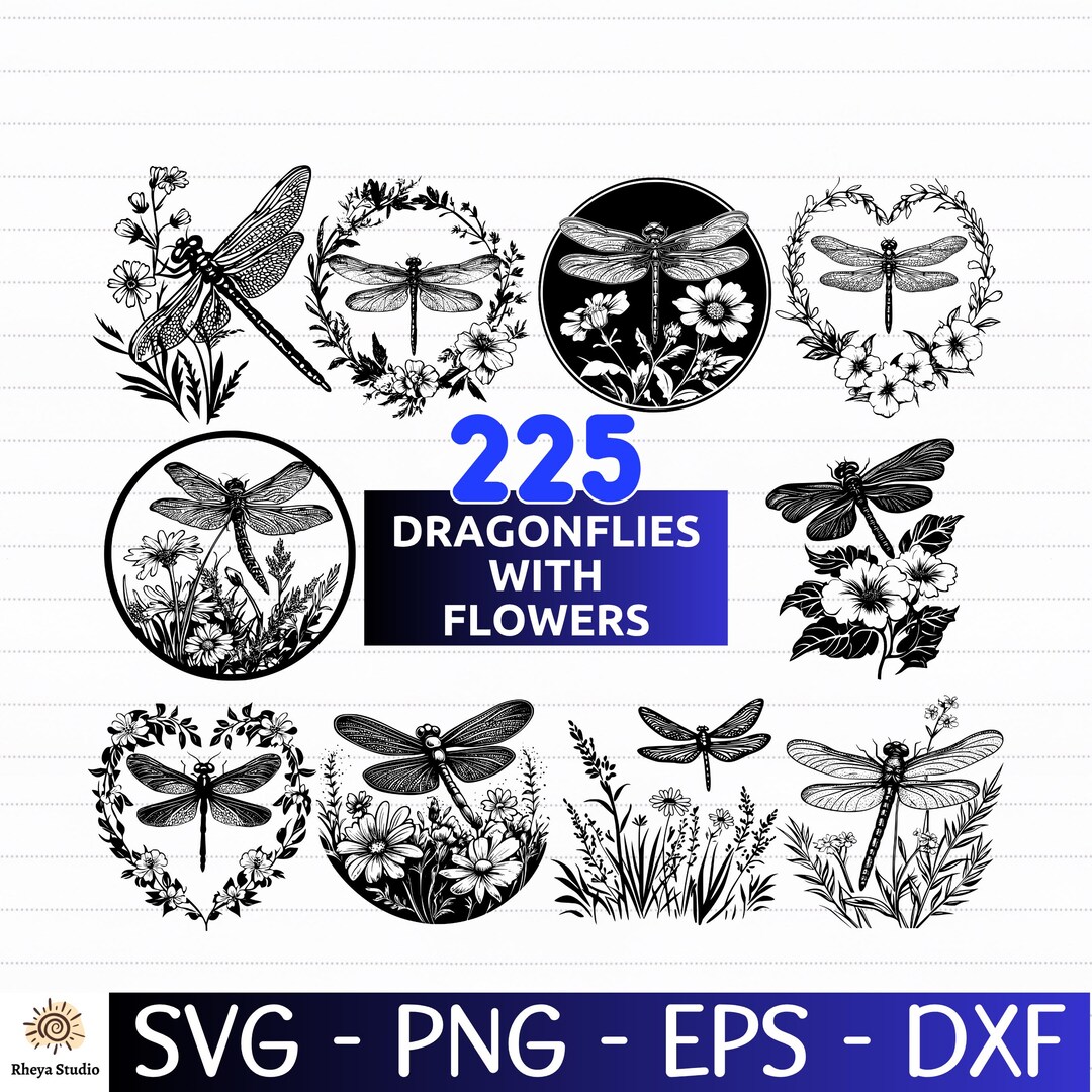 225 Dragonflies With Flowers SVG Bundle | Floral Dragonfly Clipart ...