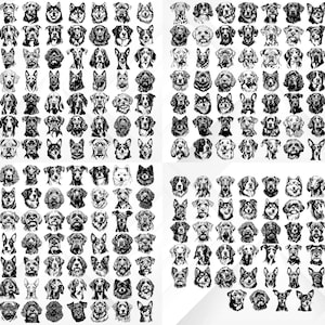 May include: A black and white illustration of 100 different dog breeds. Each dog is depicted in a simple, stylized manner, with a focus on their unique facial features.