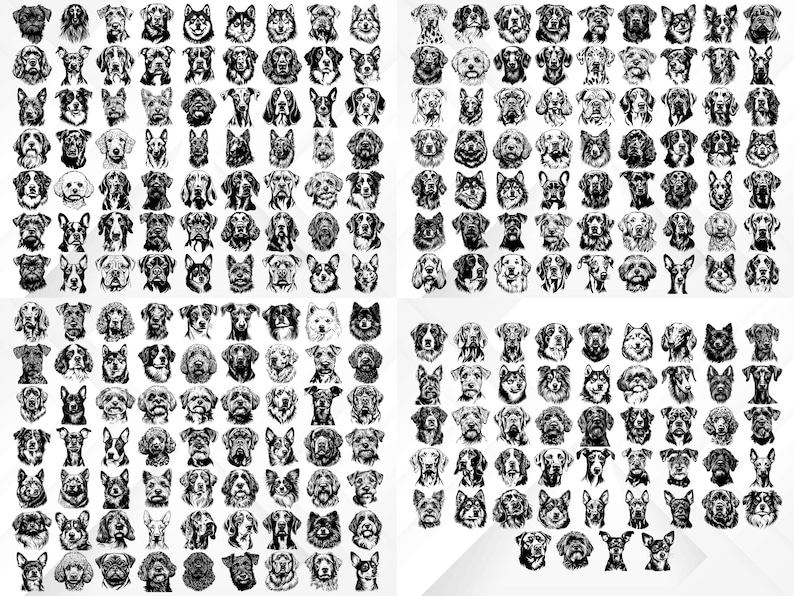 May include: A black and white illustration of 100 different dog breeds. Each dog is depicted in a simple, stylized manner, with a focus on their unique facial features.