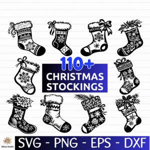 Peut inclure: Plusieurs modèles de bas de Noël noirs et blancs, avec des motifs de flocons de neige et floraux. L'image affiche le texte "110+ CHRISTMAS STOCKINGS" et les options de format de fichier : SVG, PNG, EPS et DXF.