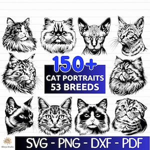 150+ Cat Portraits SVG Bundle with 53 Cat Breeds - Instant Digital Download Including dxf, png, pdf, Files for Cricut - Laser Engraving