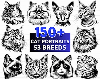 150+ Cat Portraits SVG Bundle with 53 Cat Breeds - Instant Digital Download Including dxf, png, pdf, Files for Cricut - Laser Engraving