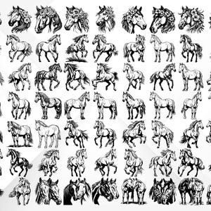 May include: A collection of 64 black and white line drawings of horses in various poses. The horses are depicted with flowing manes and tails, and some have floral accents on their heads.