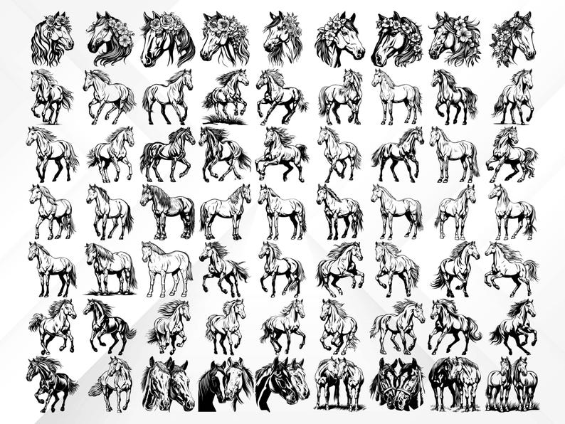 May include: A collection of 64 black and white line drawings of horses in various poses. The horses are depicted with flowing manes and tails, and some have floral accents on their heads.