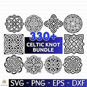 Może przedstawiać: Kolekcja czarno-białych wzorów węzłów celtyckich w różnych kształtach. Obraz zawiera tekst "330+ Celtic Knot Bundle" oraz opcje typów plików: SVG, PNG, EPS i DXF. Odpowiednie do sztuki cyfrowej i rzemiosła.