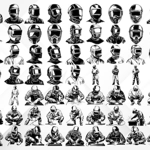 May include: A collection of black and white illustrations featuring various welding helmets and welders in different poses. The images showcase the helmets from different angles and welders in action, including standing, squatting, and welding.