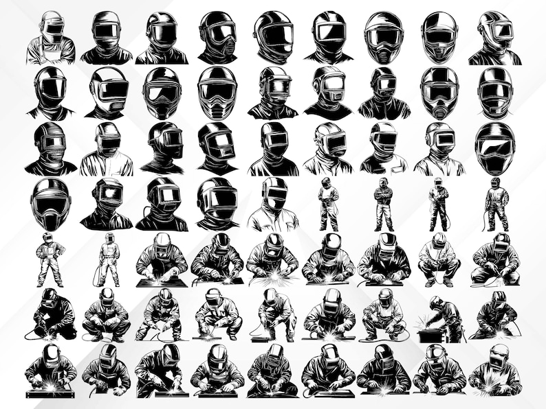 May include: A collection of black and white illustrations featuring various welding helmets and welders in different poses. The images showcase the helmets from different angles and welders in action, including standing, squatting, and welding.