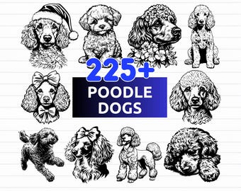 May include: Black and white illustrations of various poodle dog breeds. The image includes the text "225+ Poodle Dogs" in a blue rectangle, along with file type options: SVG, PNG, EPS, and DXF.