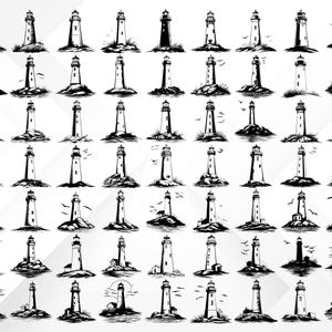 May include: Collection of black and white lighthouse illustrations. Each lighthouse is depicted with varying designs, some with birds, set on rocky terrain. The lighthouses vary in height and style, creating a diverse set of coastal imagery.