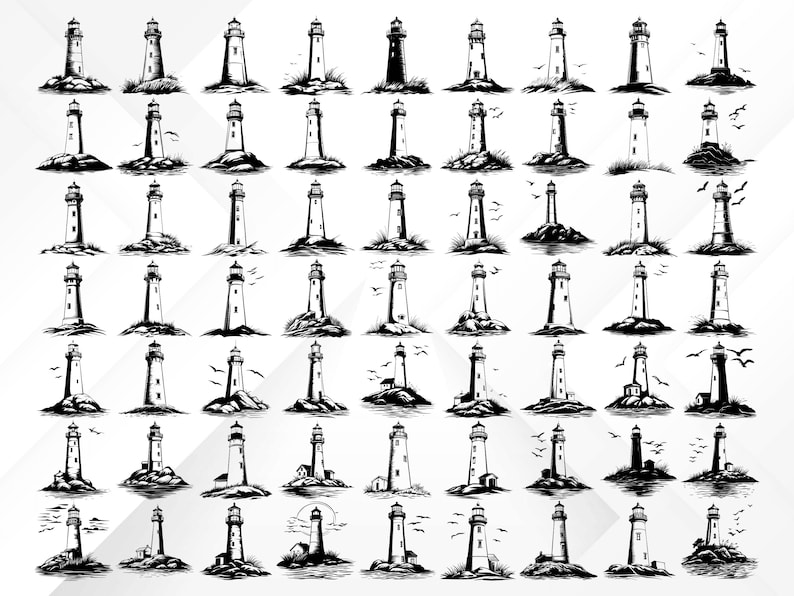 May include: Collection of black and white lighthouse illustrations. Each lighthouse is depicted with varying designs, some with birds, set on rocky terrain. The lighthouses vary in height and style, creating a diverse set of coastal imagery.