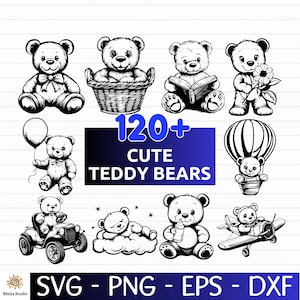 May include: Black and white illustrations of teddy bears in various poses, including holding a balloon, reading a book, and riding in a car. The image includes the text "120+ CUTE TEDDY BEARS" and file type options: SVG, PNG, EPS, and DXF.