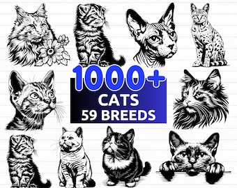 May include: A collection of 1000+ black and white cat illustrations featuring 59 different breeds. The illustrations are in a variety of poses, including sitting, standing, and lying down. The text "1000+ CATS 59 BREEDS" is displayed in blue and white text on a blue background.