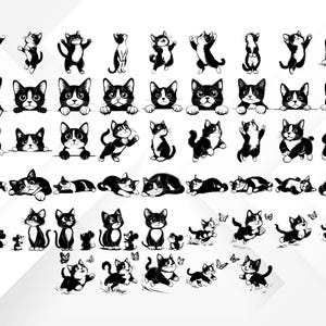 May include: A collection of black and white cat illustrations in various poses. Some cats are standing, some are lying down, and others are interacting with butterflies. The cats have white markings on their faces and bodies.