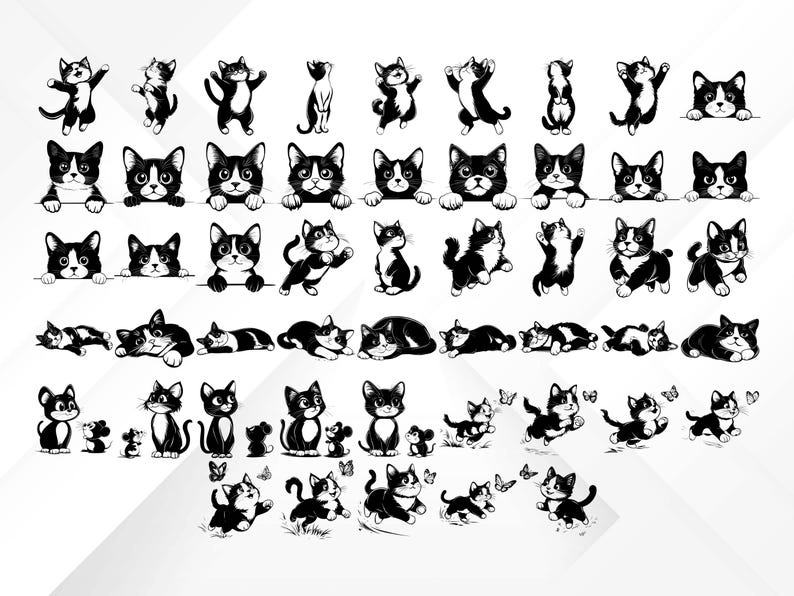 May include: A collection of black and white cat illustrations in various poses. Some cats are standing, some are lying down, and others are interacting with butterflies. The cats have white markings on their faces and bodies.