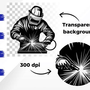 May include: Black and white illustration of a welder wearing a helmet, working with a welding torch. The image includes text that says "SVG", "EPS", "PNG", "DXF", "Transparent background", and "300 dpi".