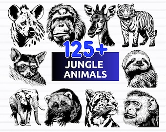 May include: Black and white illustrations of jungle animals, including a hyena, gorilla, giraffe, tiger, lemur, sloth, elephant, raccoon, leopard, and monkey. The text "125+ JUNGLE ANIMALS" is displayed in a blue rectangle. Below, the text "SVG - PNG - EPS - DXF" is shown.