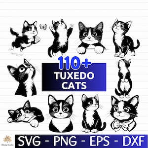 May include: A collection of black and white tuxedo cat illustrations in various poses. The image includes the text "110+ TUXEDO CATS" in a blue rectangle, along with file type indicators: SVG, PNG, EPS, and DXF.