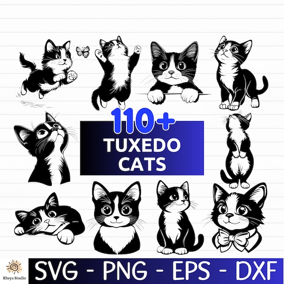 110+ Tuxedo Cat SVG Bundle, Black and White Cat Silhouettes & Clipart, Cute Feline Vector Designs - digital download svg, png, dxf, eps