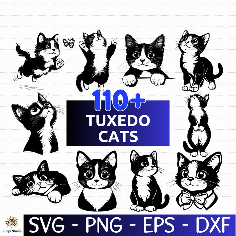 May include: A collection of black and white tuxedo cat illustrations in various poses. The image includes the text "110+ TUXEDO CATS" in a blue rectangle, along with file type indicators: SVG, PNG, EPS, and DXF.