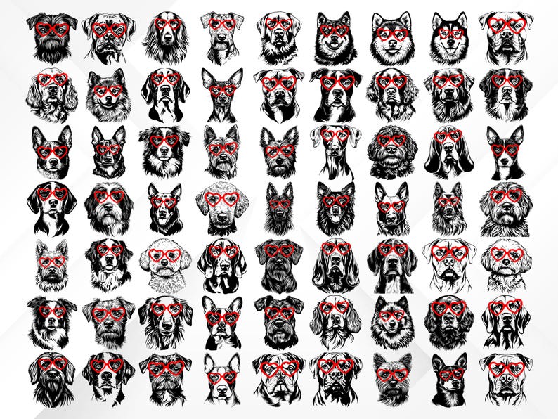 240+ Dog Heads With Red Heart Glasses SVG Bundle | 243 Dog Breeds, Cute ...