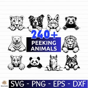 Könnte beinhalten: Eine Sammlung von schwarz-weißen Illustrationen verschiedener Tiere, die über eine Kante schauen, darunter ein Gepard, Hund, Wolf, Frettchen, Bär, Löwe, Puma, Panda, Pferd und Fuchs, mit dem Text 240+ PEEKING ANIMALS SVG - PNG - EPS - DXF.