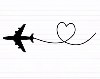 May include: Black silhouette of an airplane with a heart-shaped trail behind it. The airplane is flying to the right, and the trail is a continuous line that forms a heart shape.